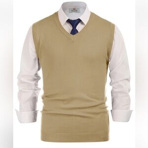 Men's Tan V-Neck Sleeveless Knit Sweater Vest Large NWT